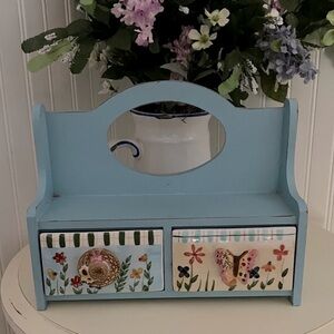 NWT Wood Blue Decorative Shelf & 2 Ceramic Drawers Storage Unit